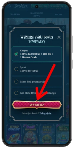 Betalice App Wybór Bonusu Powitalnego